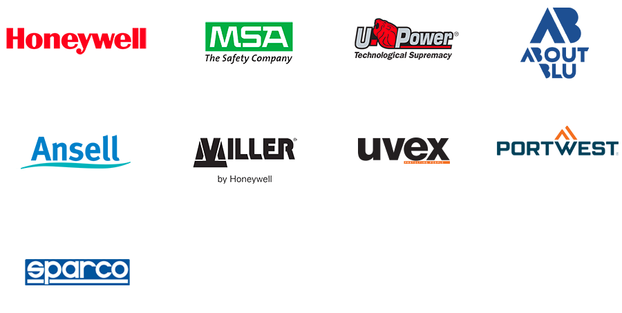 Loghi di marchi di abbigliamento e attrezzature per la sicurezza sul lavoro, tra cui MSA, Miller by Honeywell, Uvex, Portwest e Sparco.